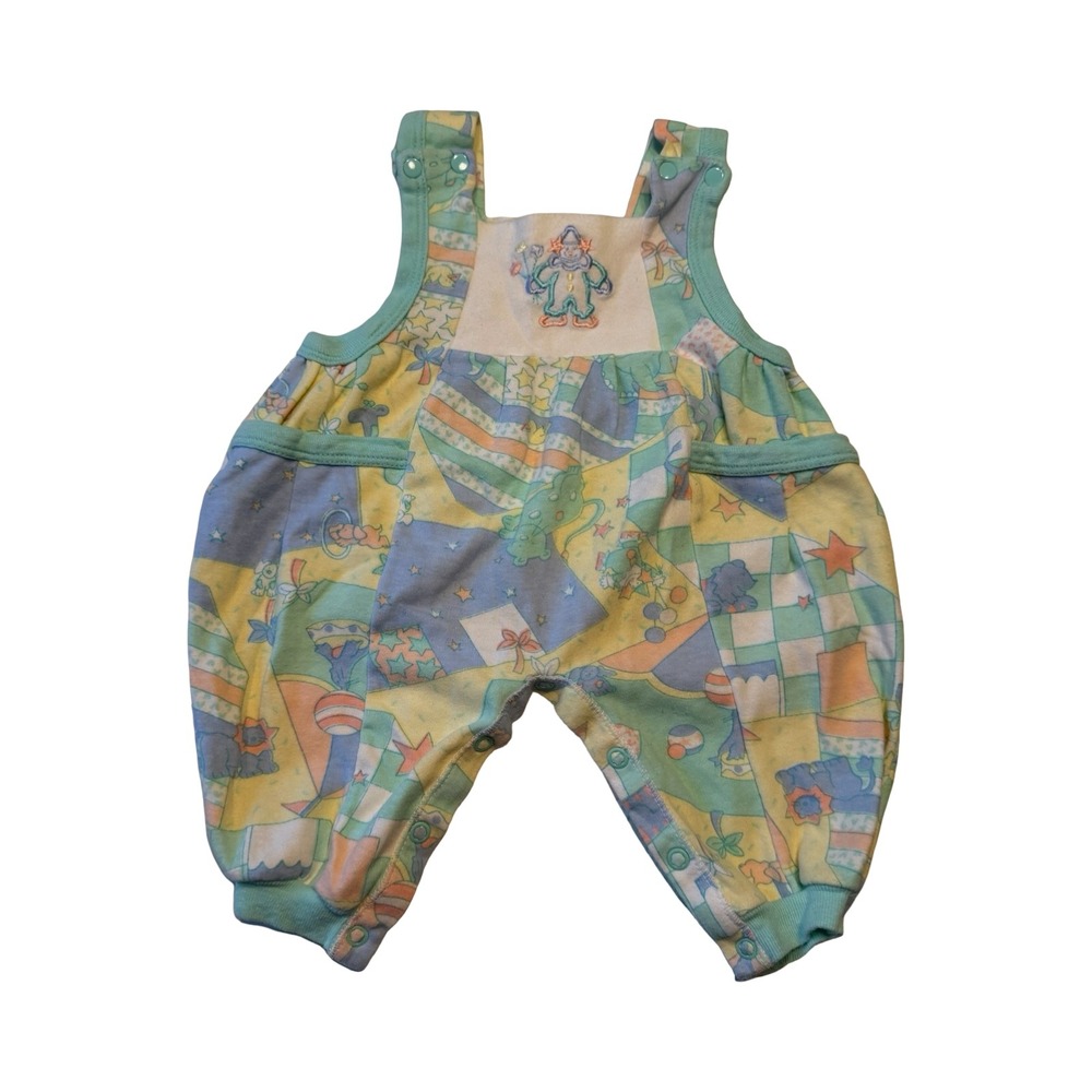 Vintage Soupcon Oneita Baby Romper Overalls 6/9M Circus Clown Pastel USA
